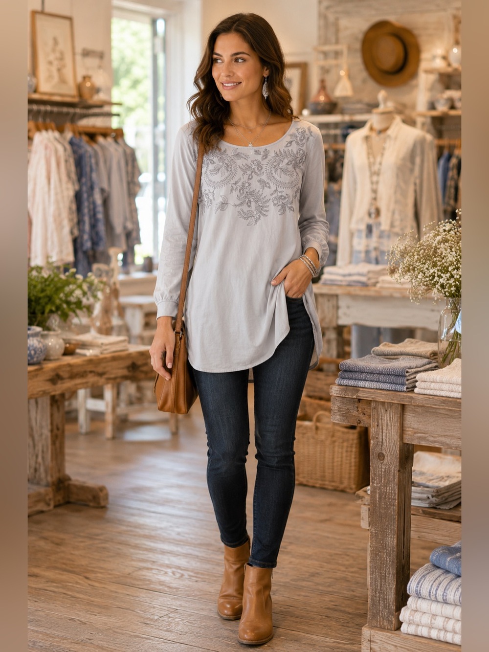 Pure Jill Light Blue Embroidered Neckline Cotton Tunic Top LP
